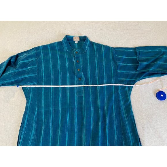 Prabartana Men's Punjabi Kurta 100% Cotton Hand Loomed Blue Teal Striped Tunic - Picture 10 of 12